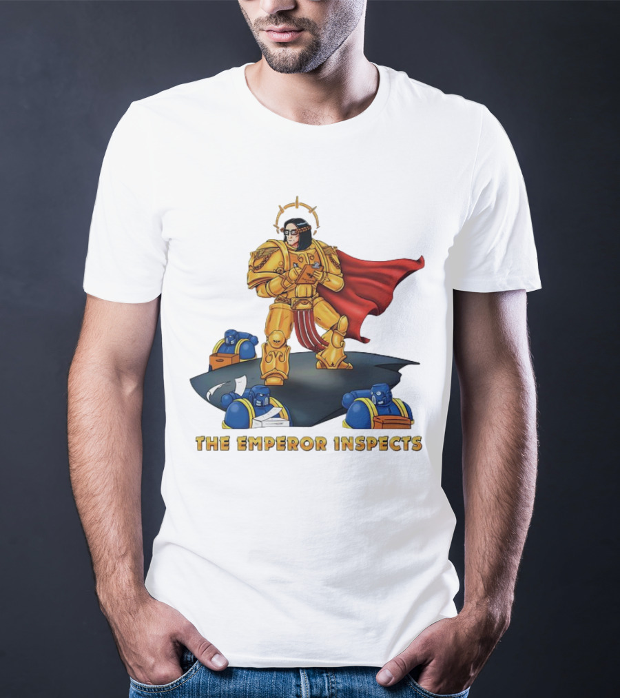 The Emperor Inspects Power Armor With Red Cape And Space Soldiers On Dark Platform T-Shirt