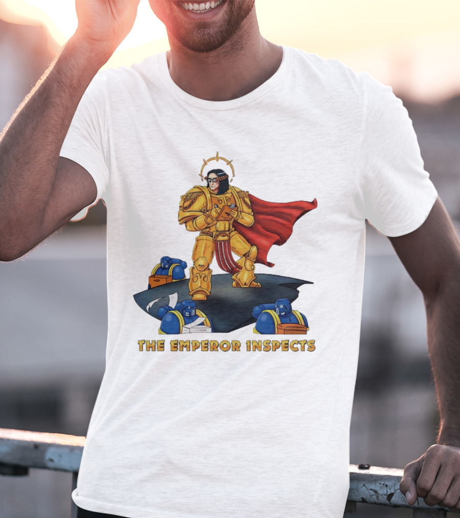 The Emperor Inspects Power Armor With Red Cape And Space Soldiers On Dark Platform T-Shirt