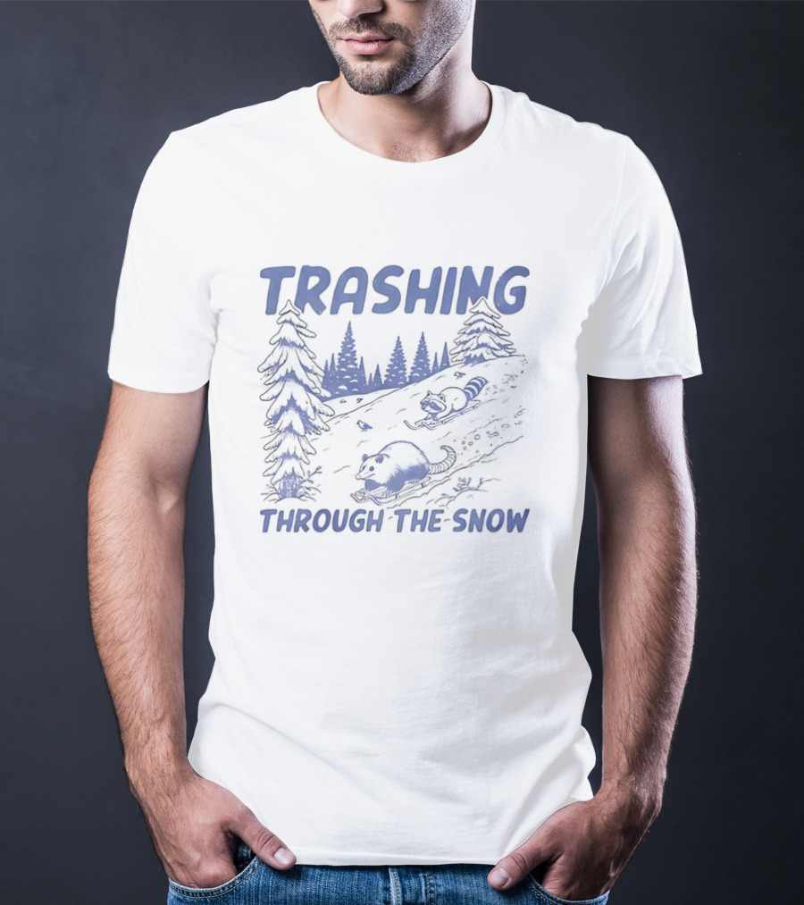 Trashing Through The Snow Hillside Opossum And Raccoon Winter Fun T-Shirt