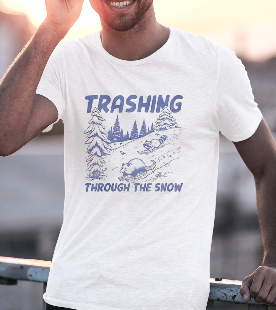 Trashing Through The Snow Hillside Opossum And Raccoon Winter Fun T-Shirt