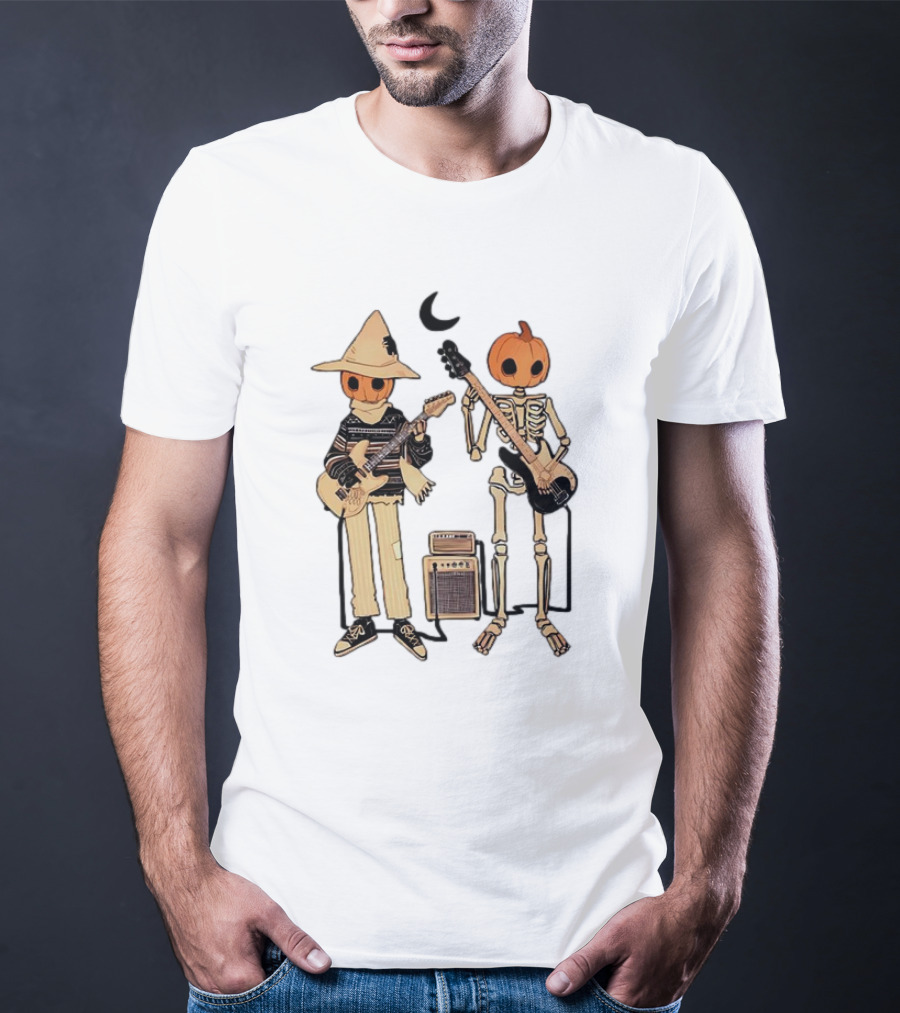 Libby Frame Pumpkin Skeleton Musicians With Crescent Moon T-Shirt