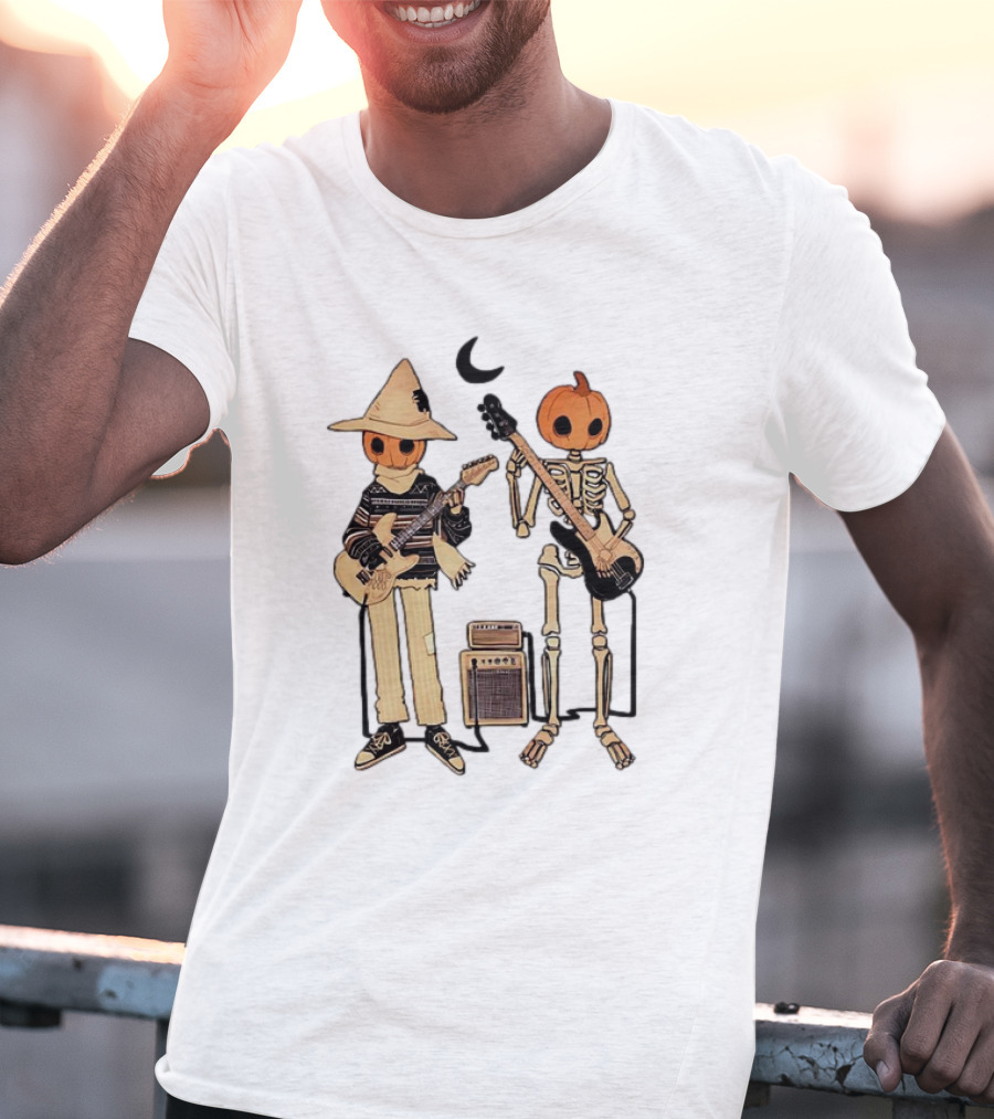 Libby Frame Pumpkin Skeleton Musicians With Crescent Moon T-Shirt