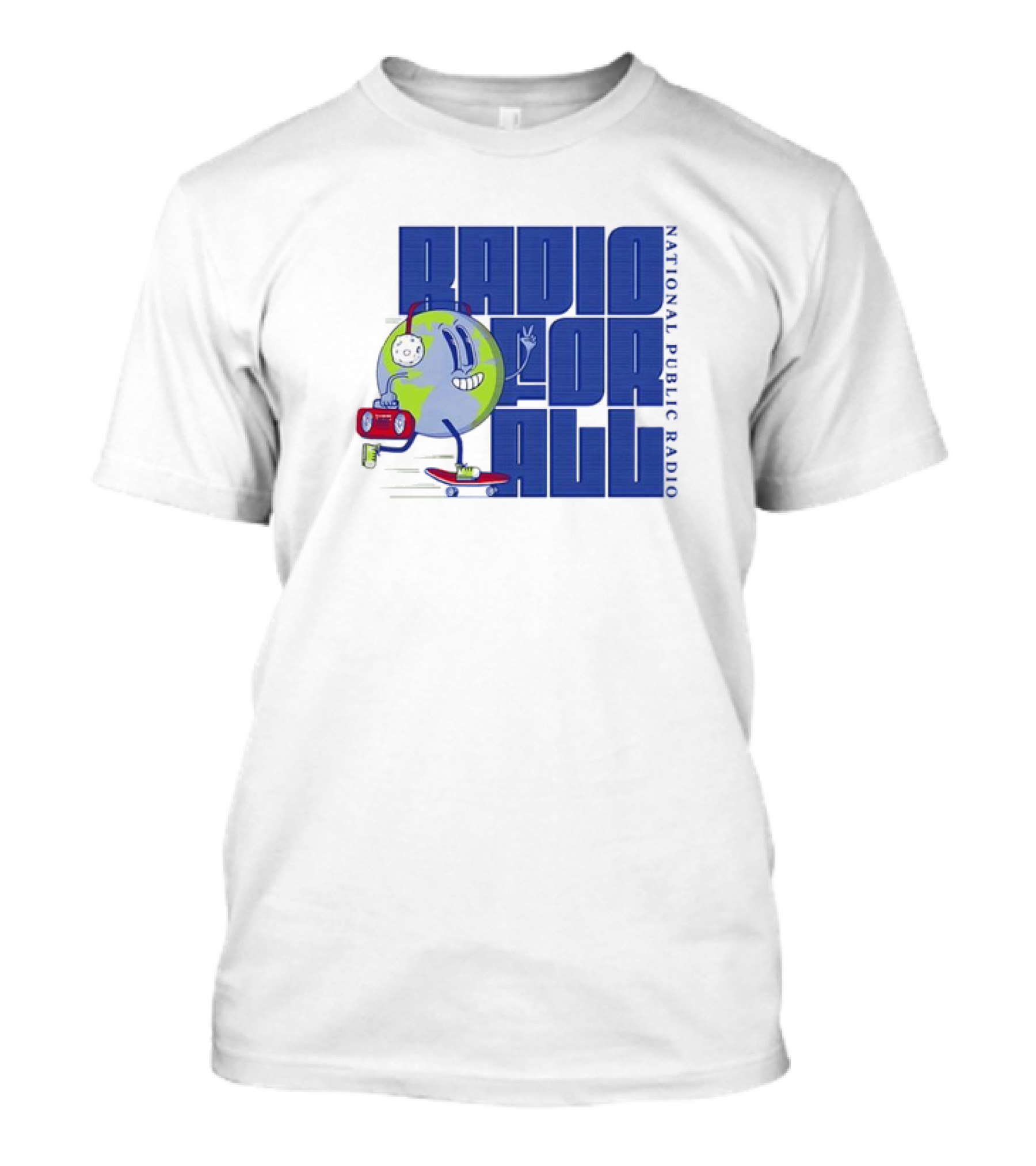 RADIO FOR ALL National Public Radio Cartoon Skateboarding Globe T-Shirt