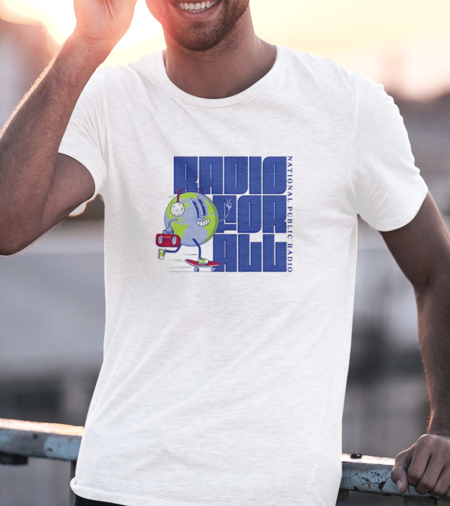 RADIO FOR ALL National Public Radio Cartoon Skateboarding Globe T-Shirt