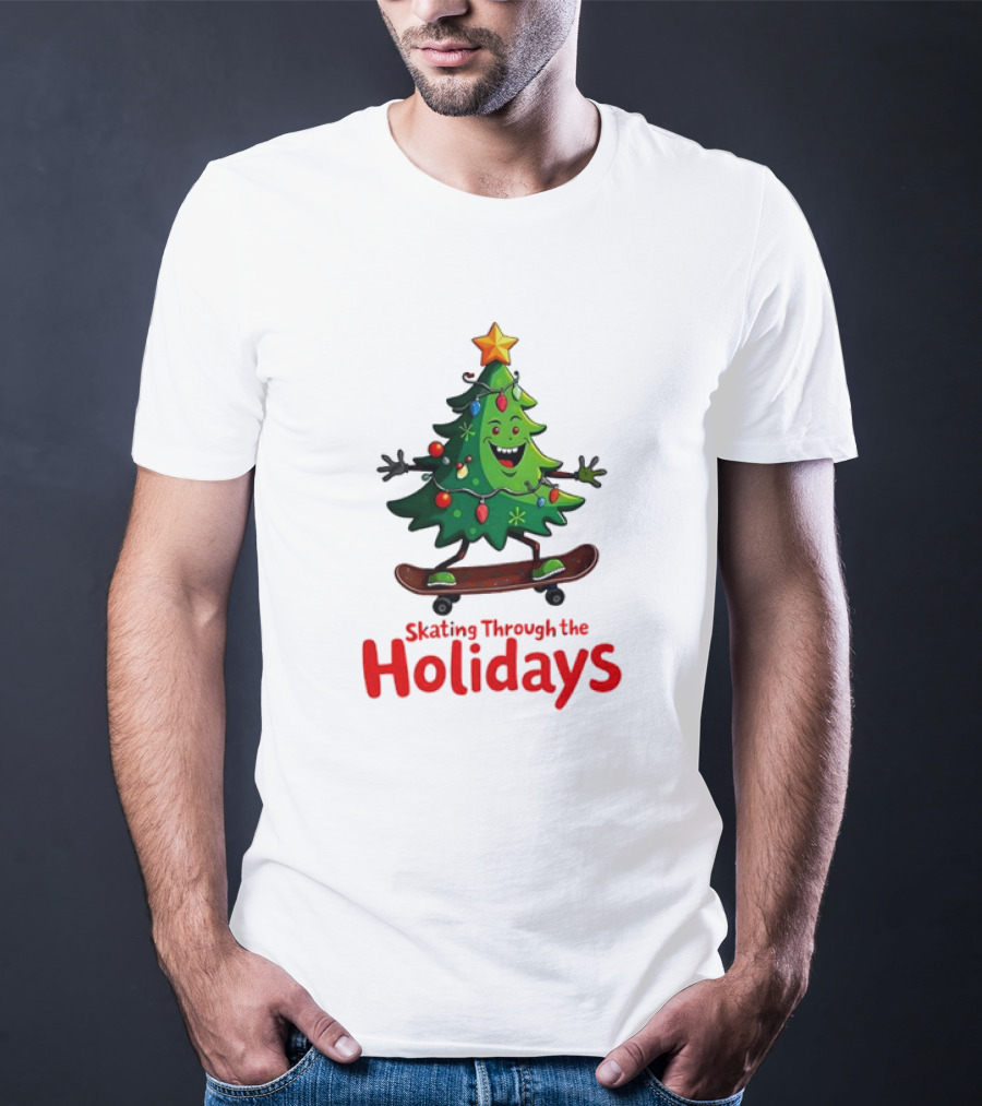 Skating Through The Holidays Christmas Tree Skateboard T-Shirt