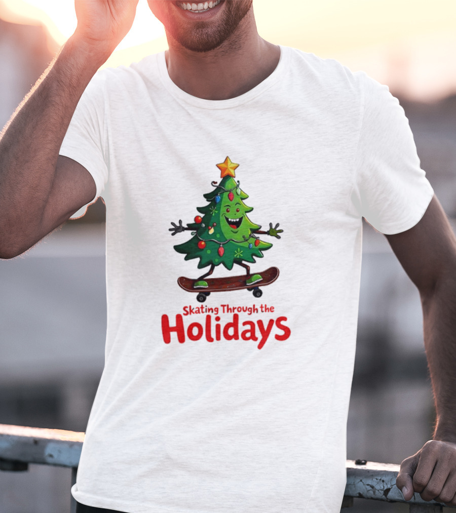 Skating Through The Holidays Christmas Tree Skateboard T-Shirt