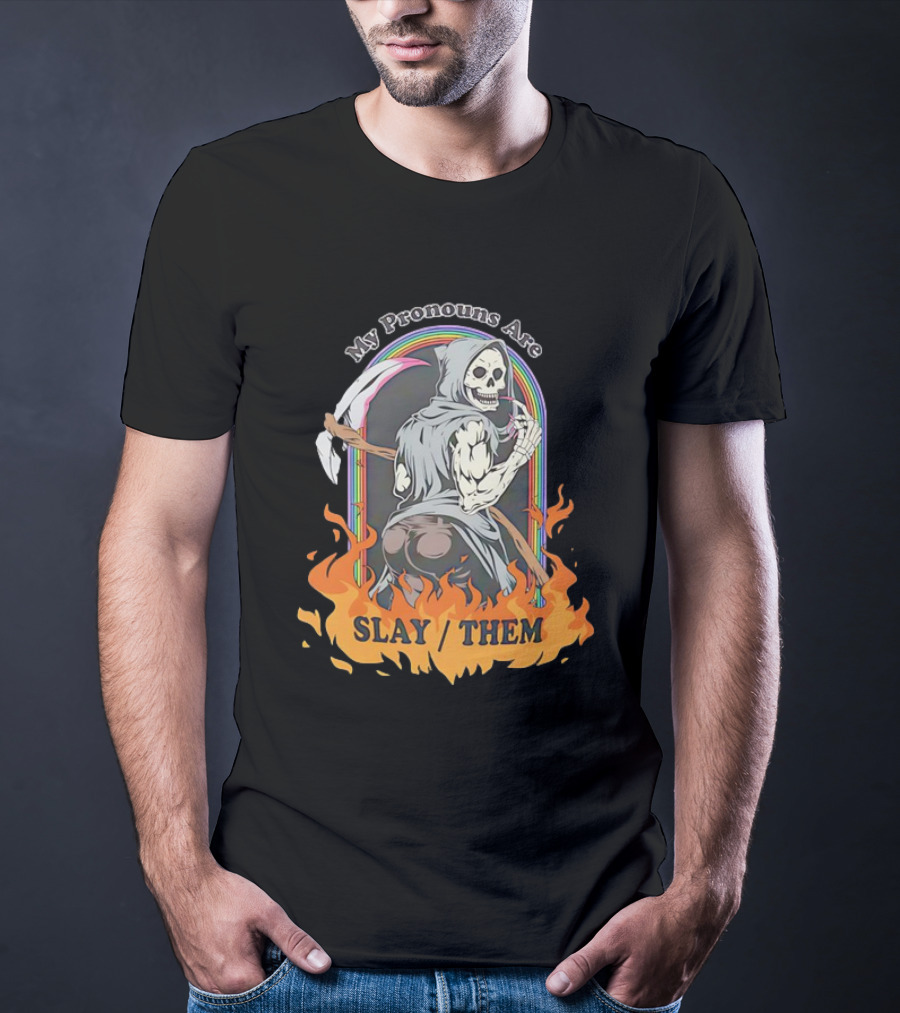 Skeleton My Pronouns Are Slay Them Cartoon Retro Rainbow Flames T-Shirt