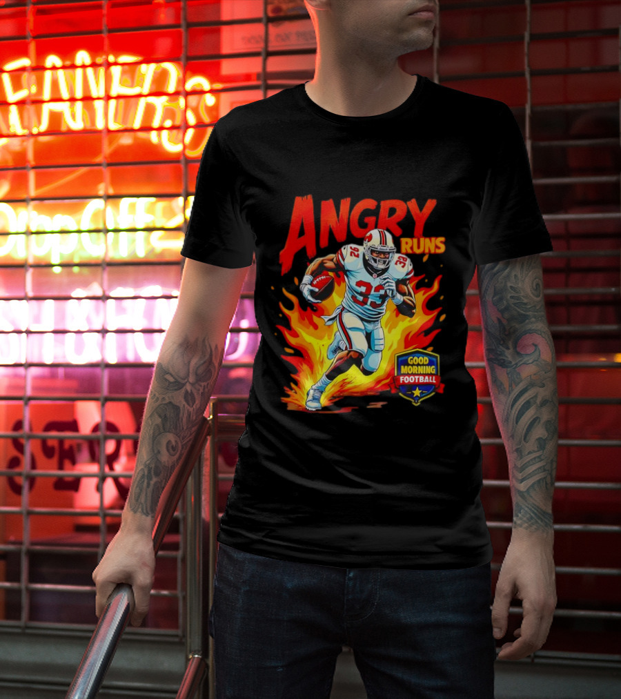 Angry Runs Good Morning Football Flaming Football Player 26 T-Shirt