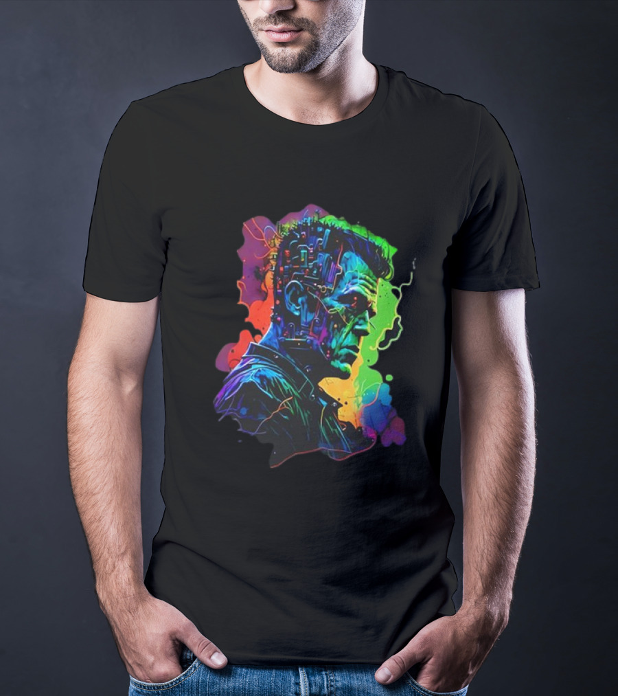 Cyberpunk Frankenstein Neon Circuit Profile T-Shirt