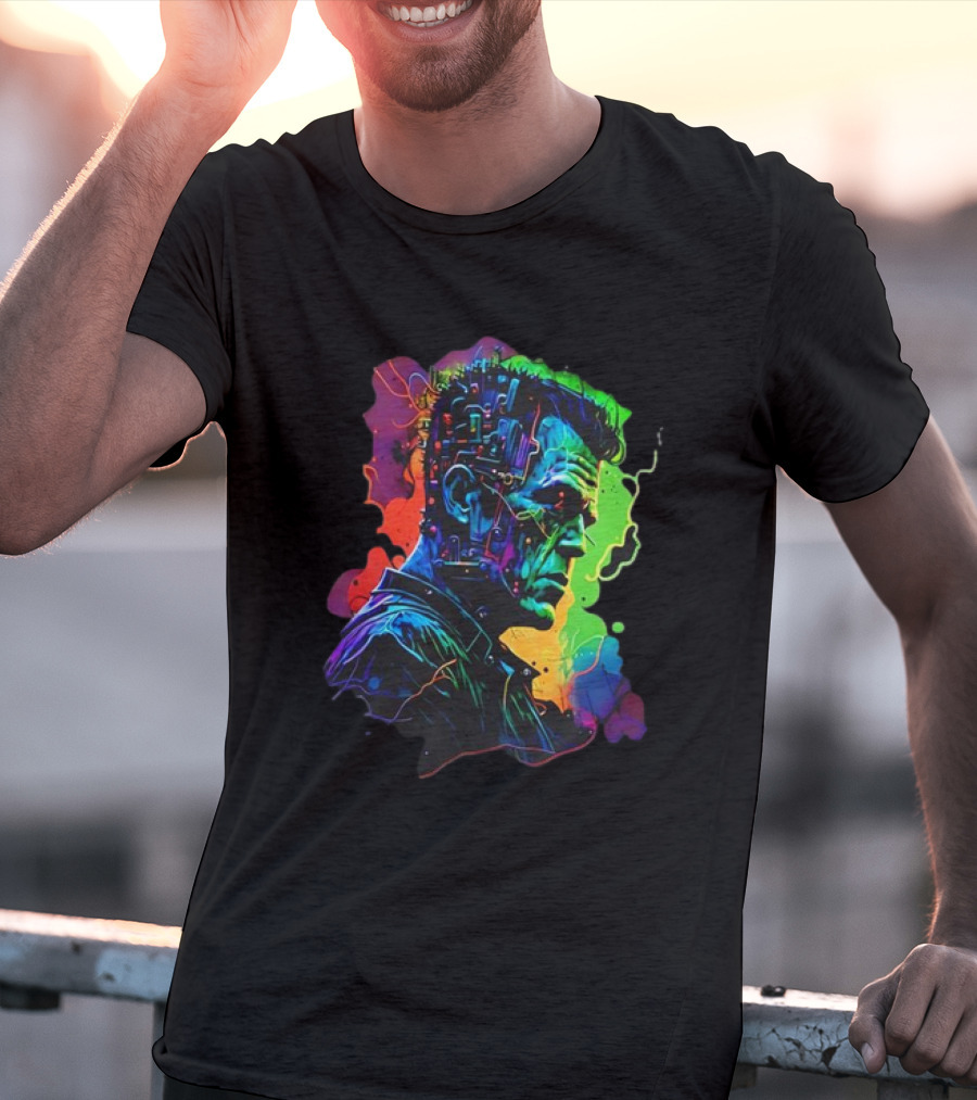 Cyberpunk Frankenstein Neon Circuit Profile T-Shirt