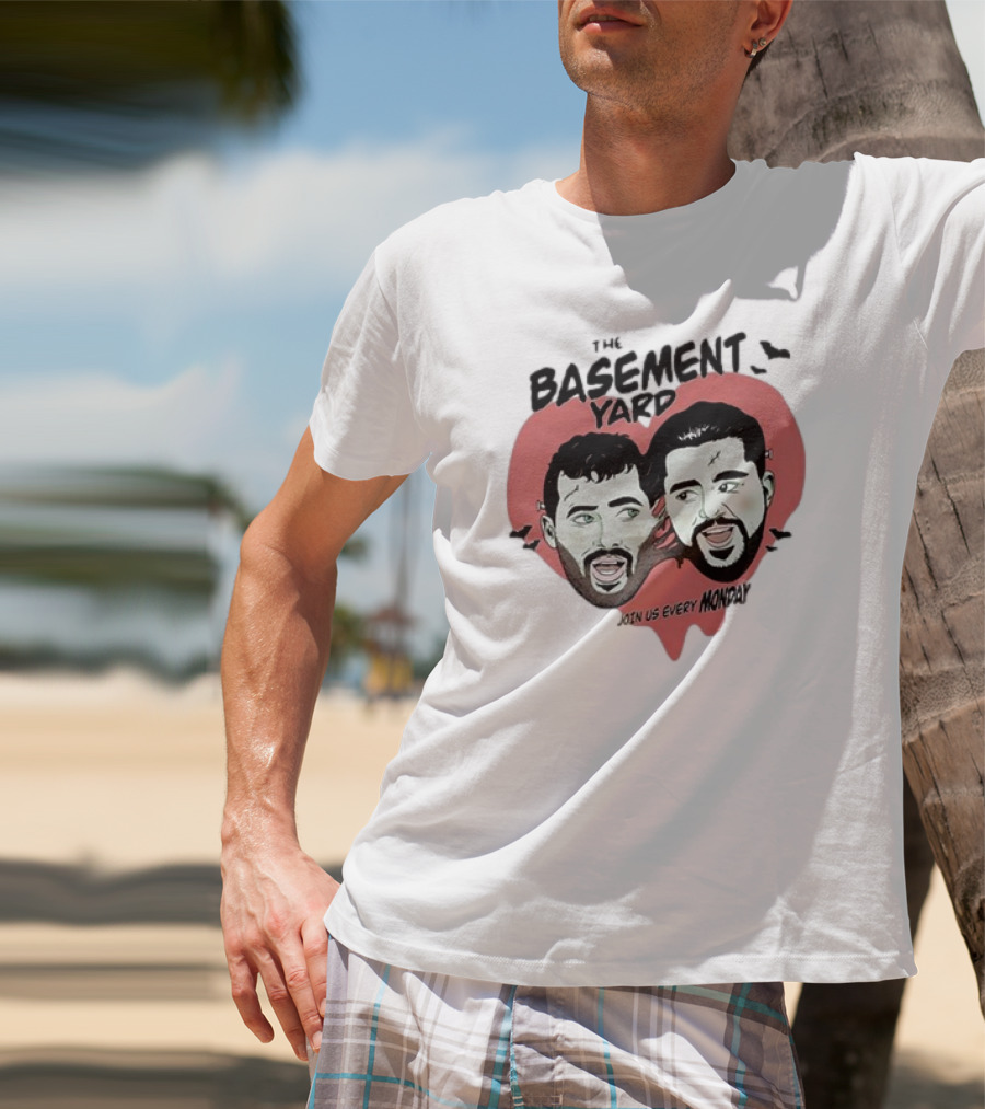 The Basement Yard Join Us Every Monday Spooky Season With Two Characters And Bats T-Shirt