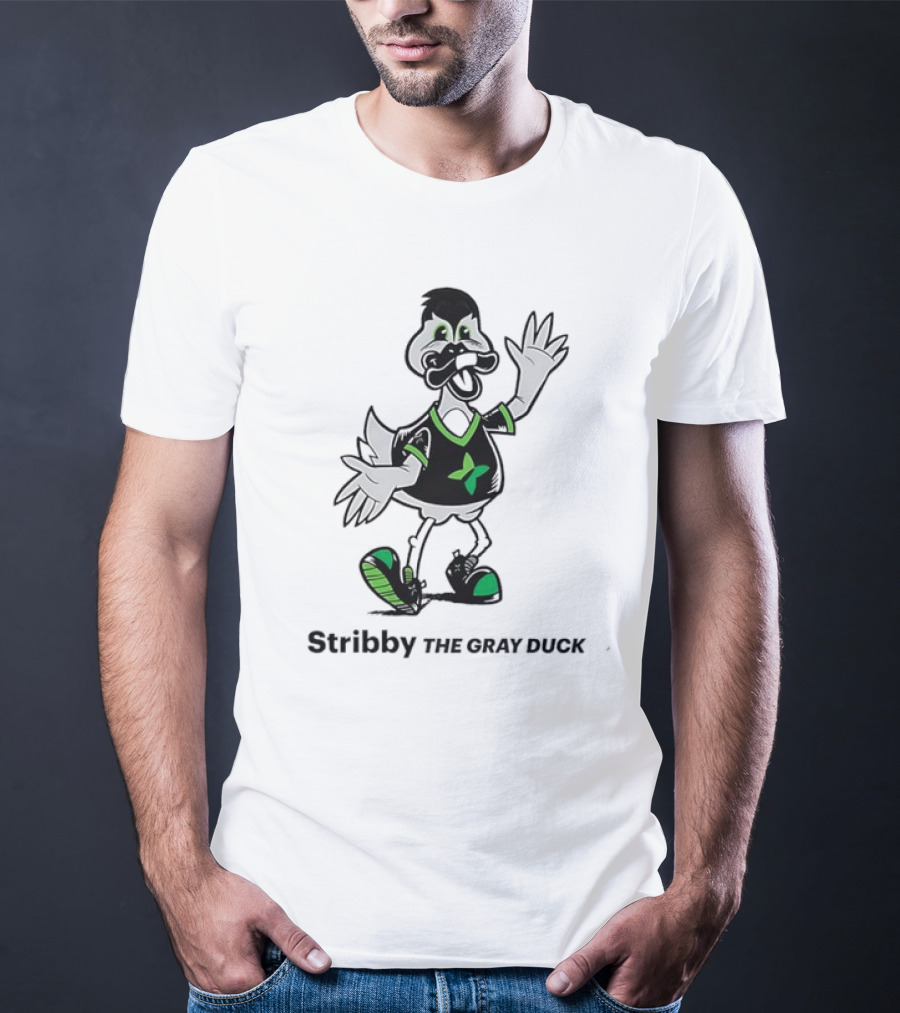 Stribby The Gray Duck Cartoon Mascot With Green And Black T-Shirt