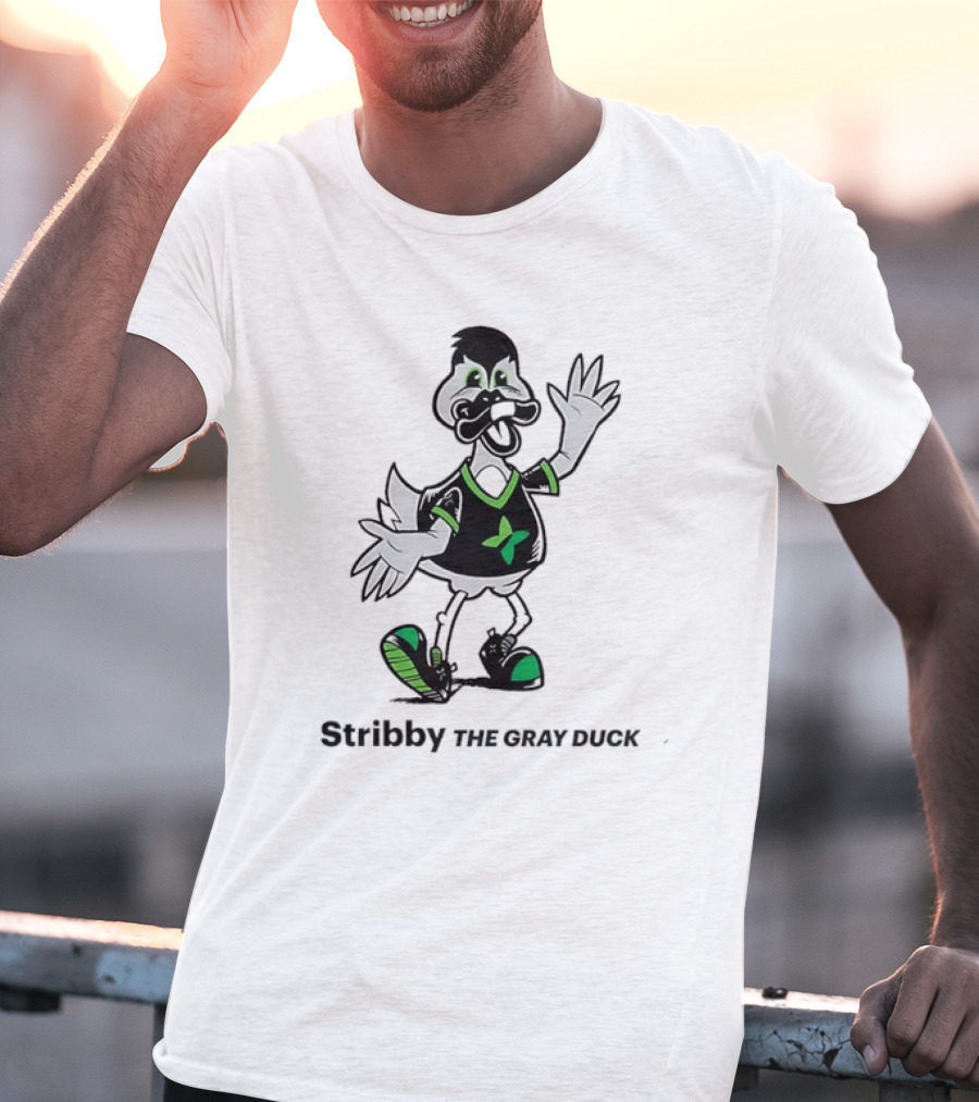 Stribby The Gray Duck Cartoon Mascot With Green And Black T-Shirt