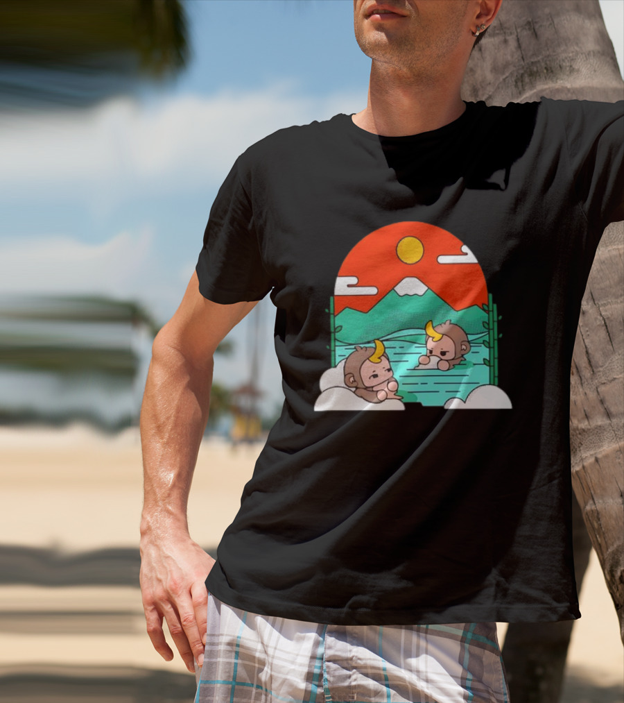 Connor Colquhoun The Tranquil Cute Monkeys In Vibrant Mountain Hot Spring Scenery With Sun And Clouds T-Shirt