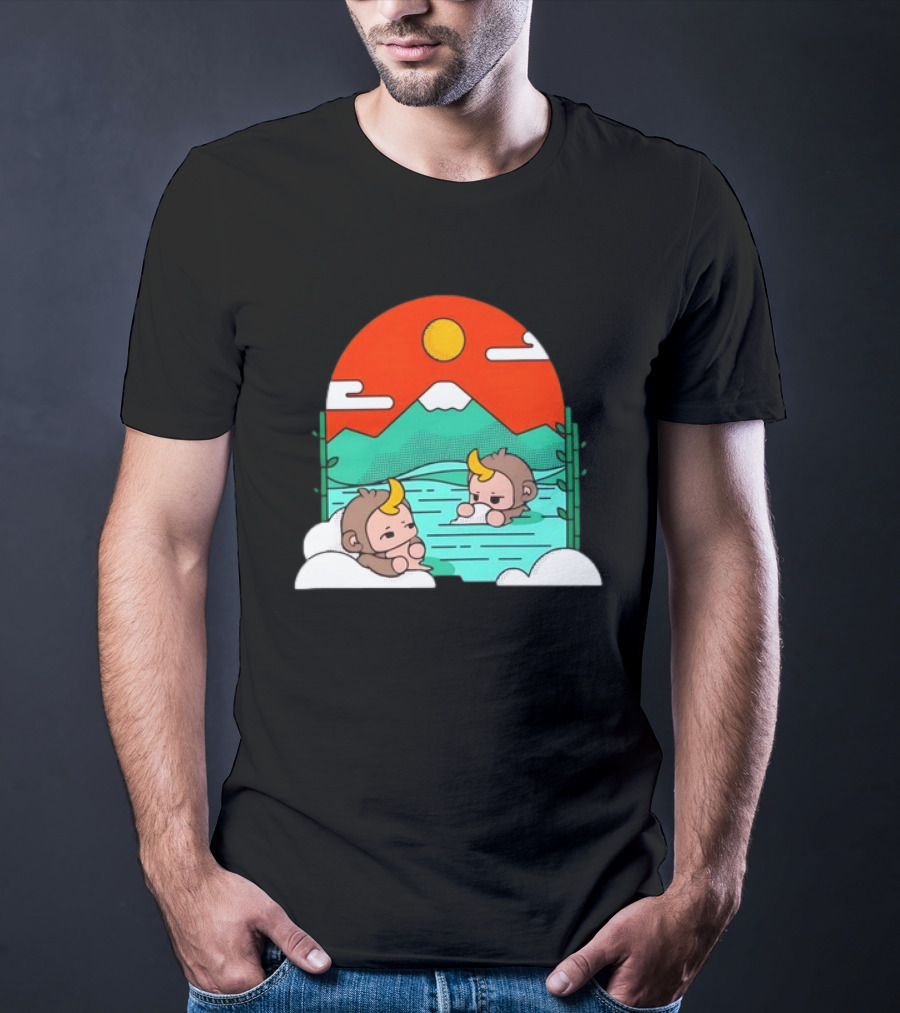 Connor Colquhoun The Tranquil Cute Monkeys In Vibrant Mountain Hot Spring Scenery With Sun And Clouds T-Shirt