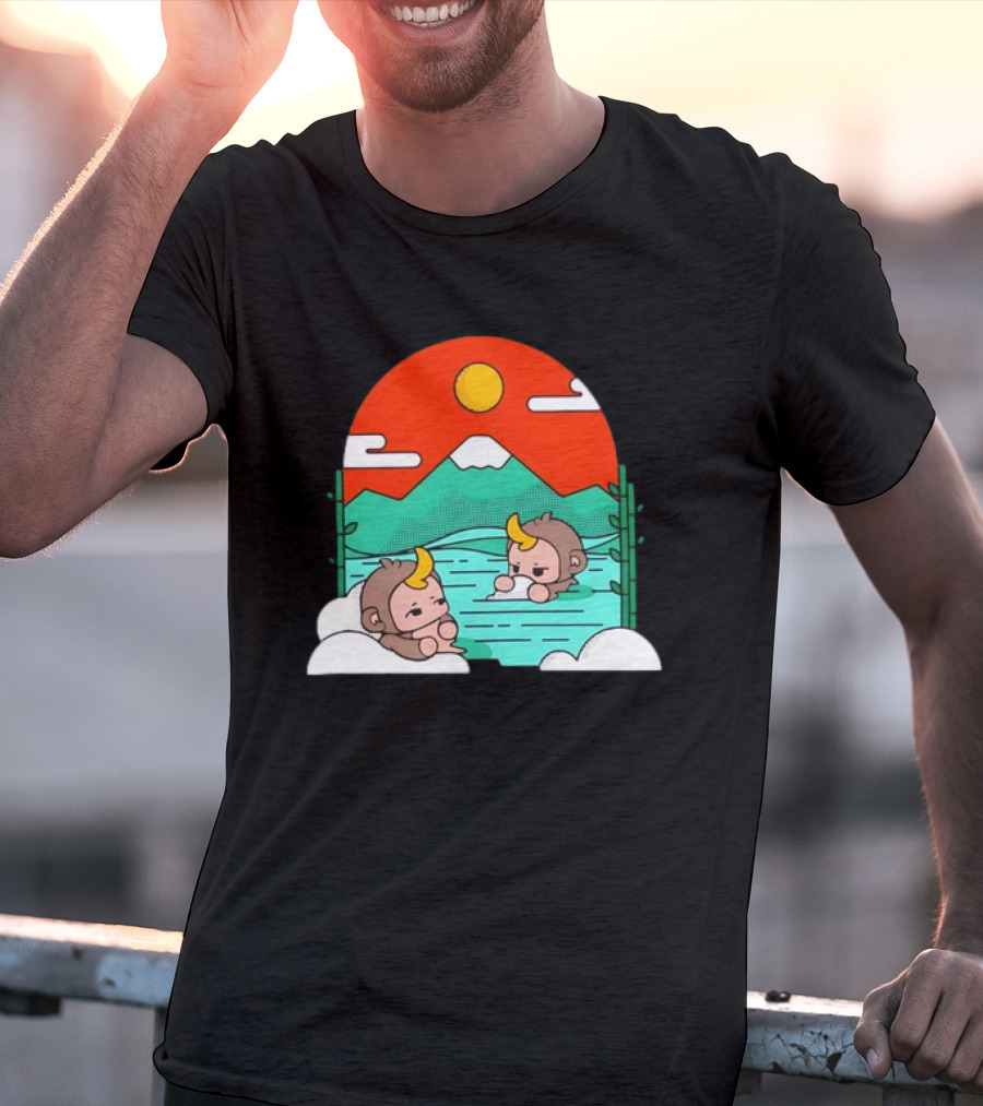 Connor Colquhoun The Tranquil Cute Monkeys In Vibrant Mountain Hot Spring Scenery With Sun And Clouds T-Shirt