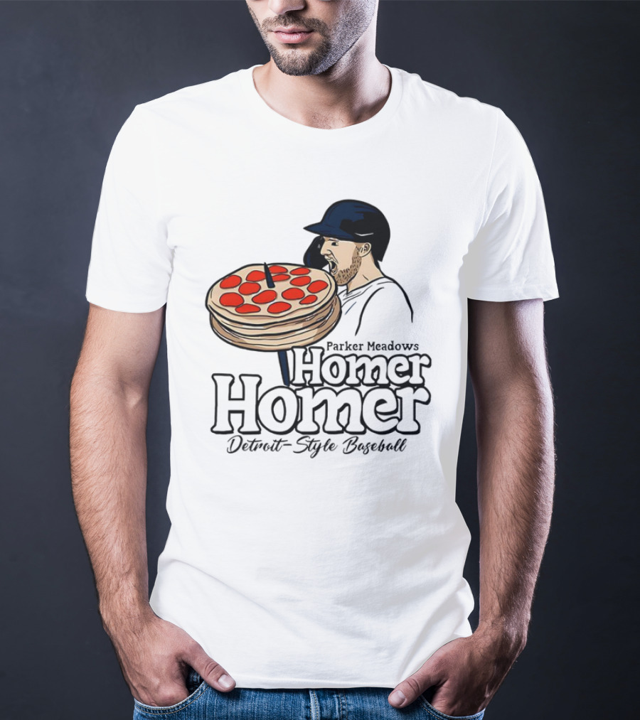 Parker Meadows Homer Homer Detroit-Style Baseball Pizza T-Shirt