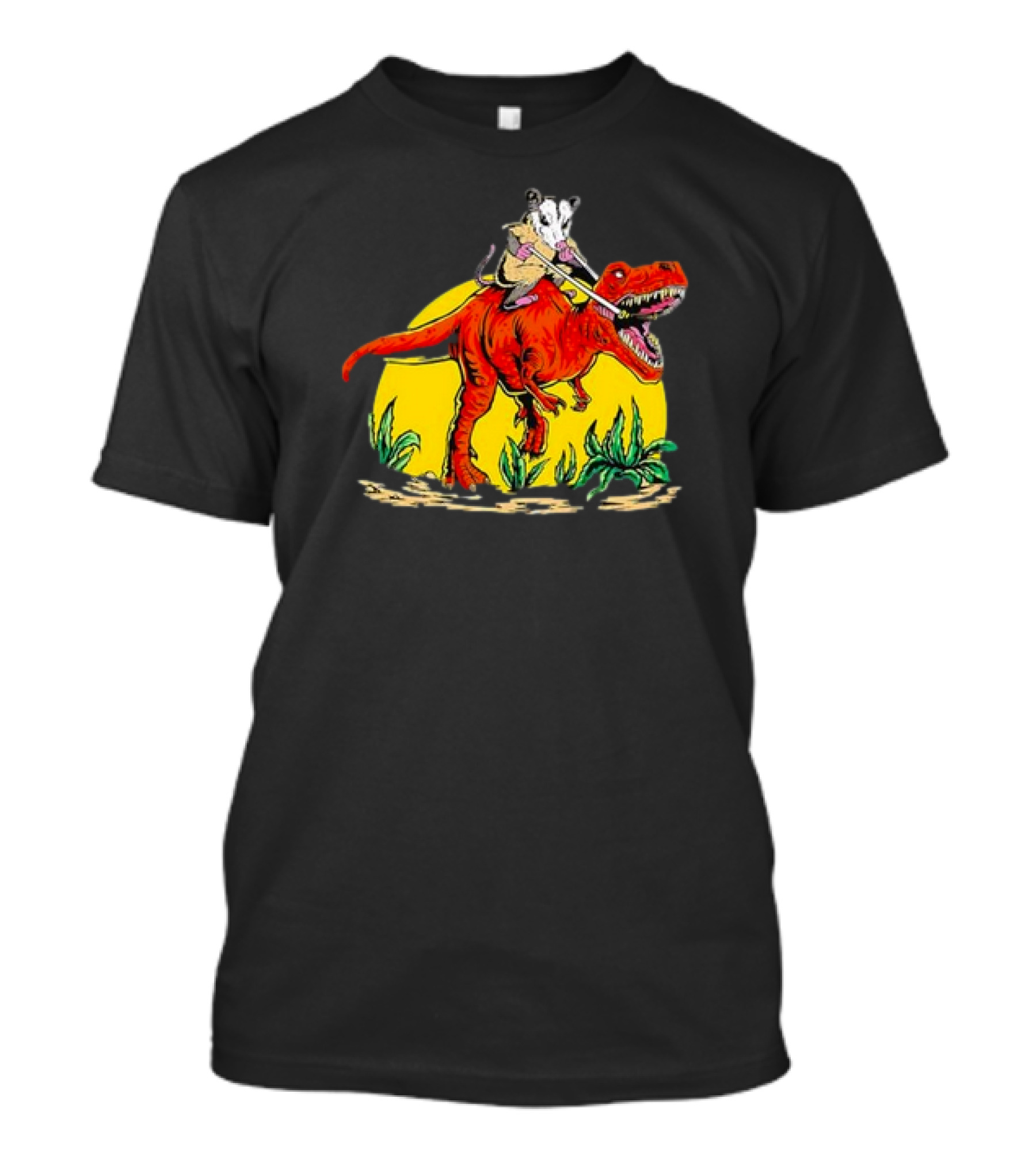 Opossum Riding T-Rex Dinosaur Retro Sunset Forest Scene T-Shirt