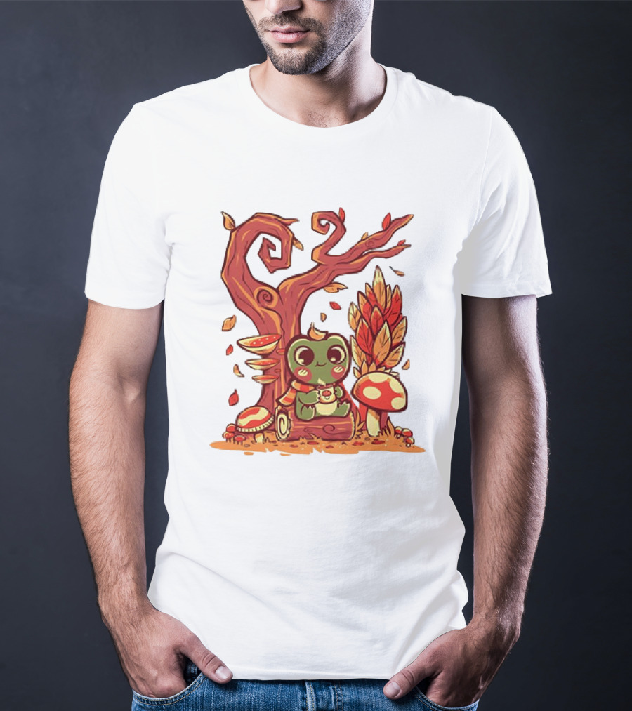 Cozy Autumn Days Cute Frog Enjoying Fall Leaves T-Shirt