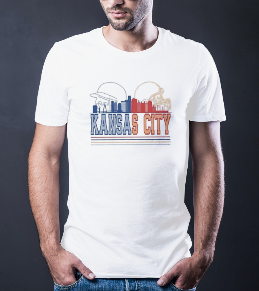 Kansas City Skyline Featuring Kansas City Chiefs Royals Helmets T-Shirt