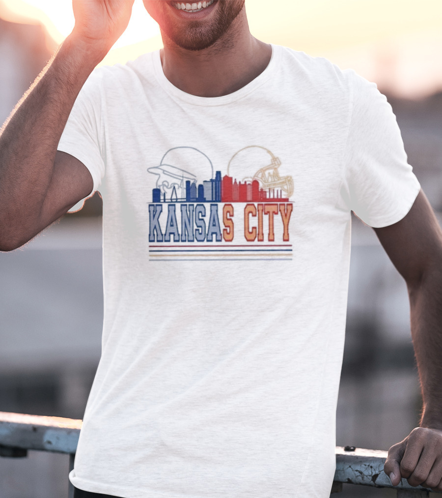 Kansas City Skyline Featuring Kansas City Chiefs Royals Helmets T-Shirt