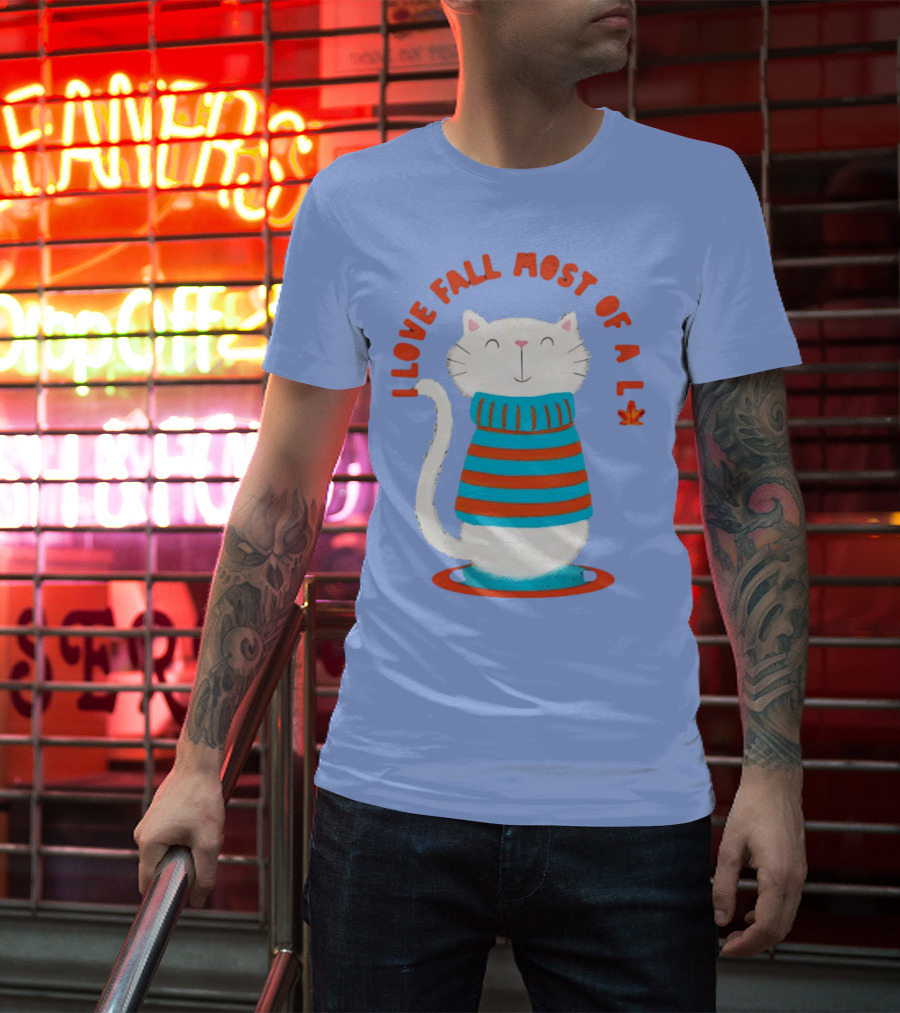 I Love Fall Most Of All Cat In Striped Sweater With Leaf T-Shirt