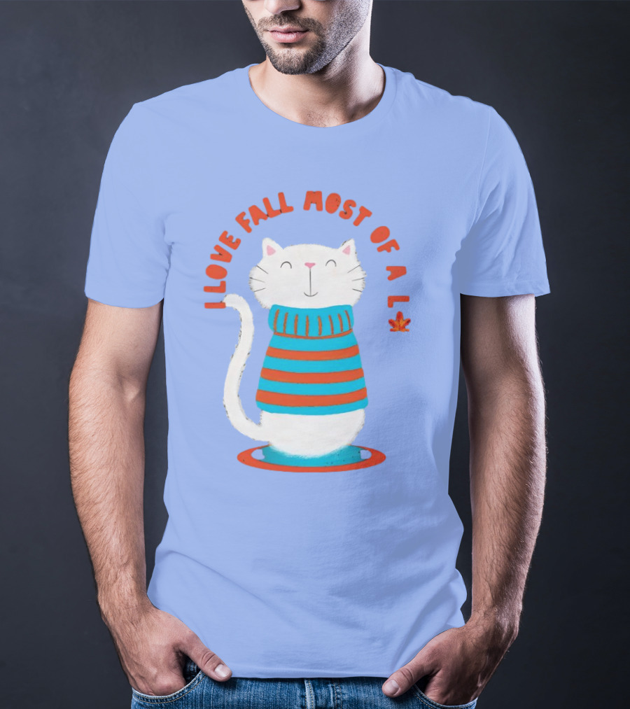 I Love Fall Most Of All Cat In Striped Sweater With Leaf T-Shirt