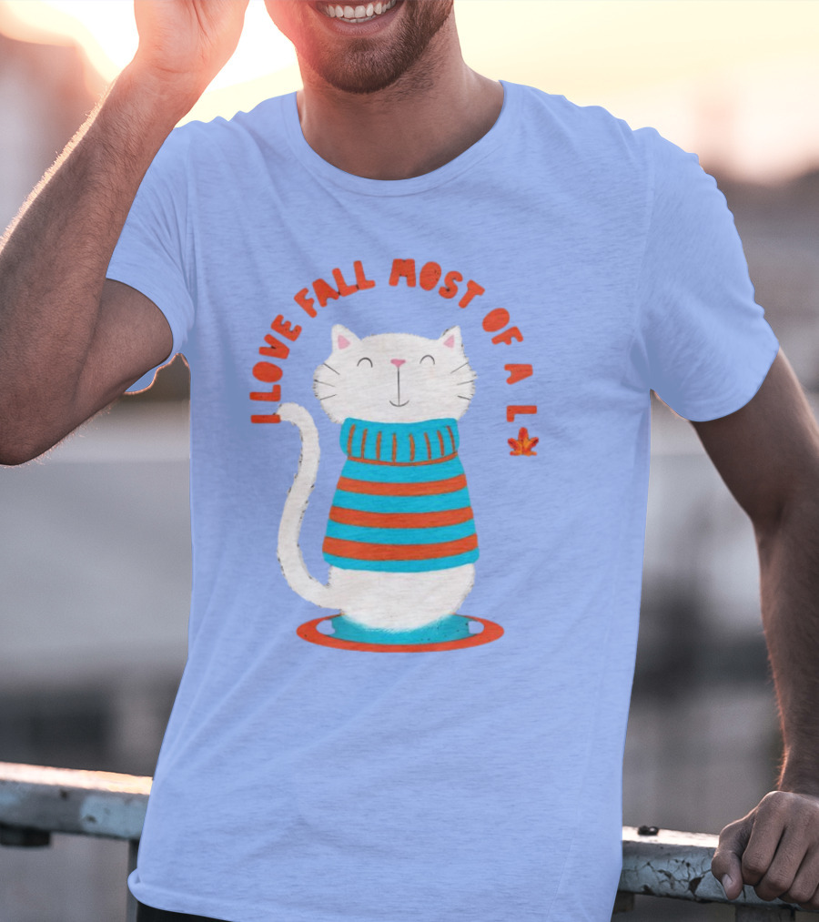 I Love Fall Most Of All Cat In Striped Sweater With Leaf T-Shirt