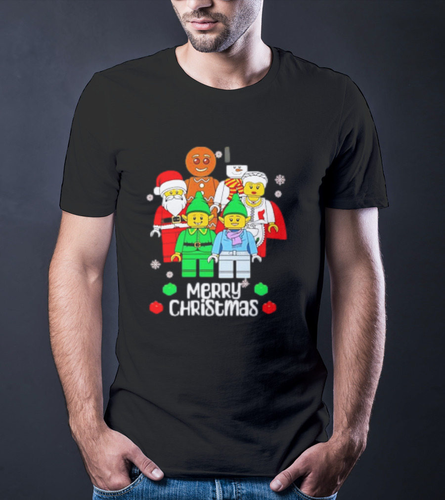 Merry Christmas Santa Elf Snowman Gingerbread Building Bricks Figures T-Shirt