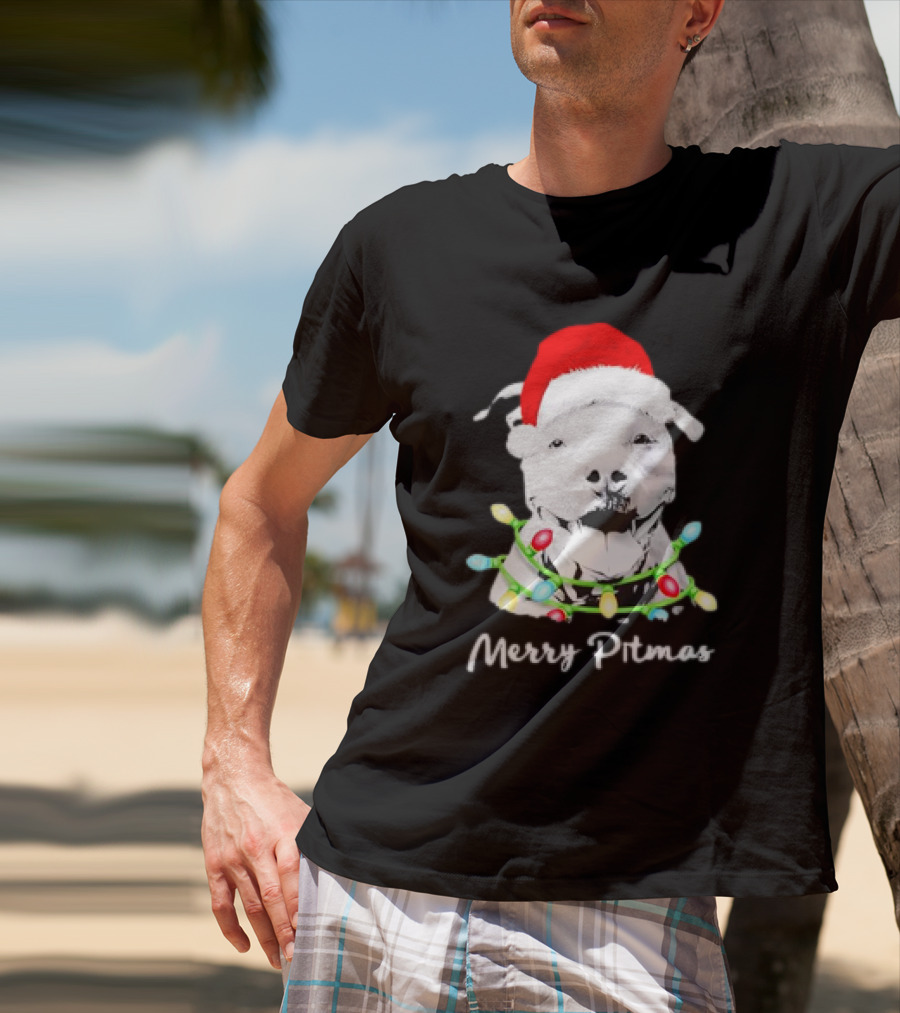 Merry Pitmas Pit Bull Santa With Christmas Tree Lights T-Shirt