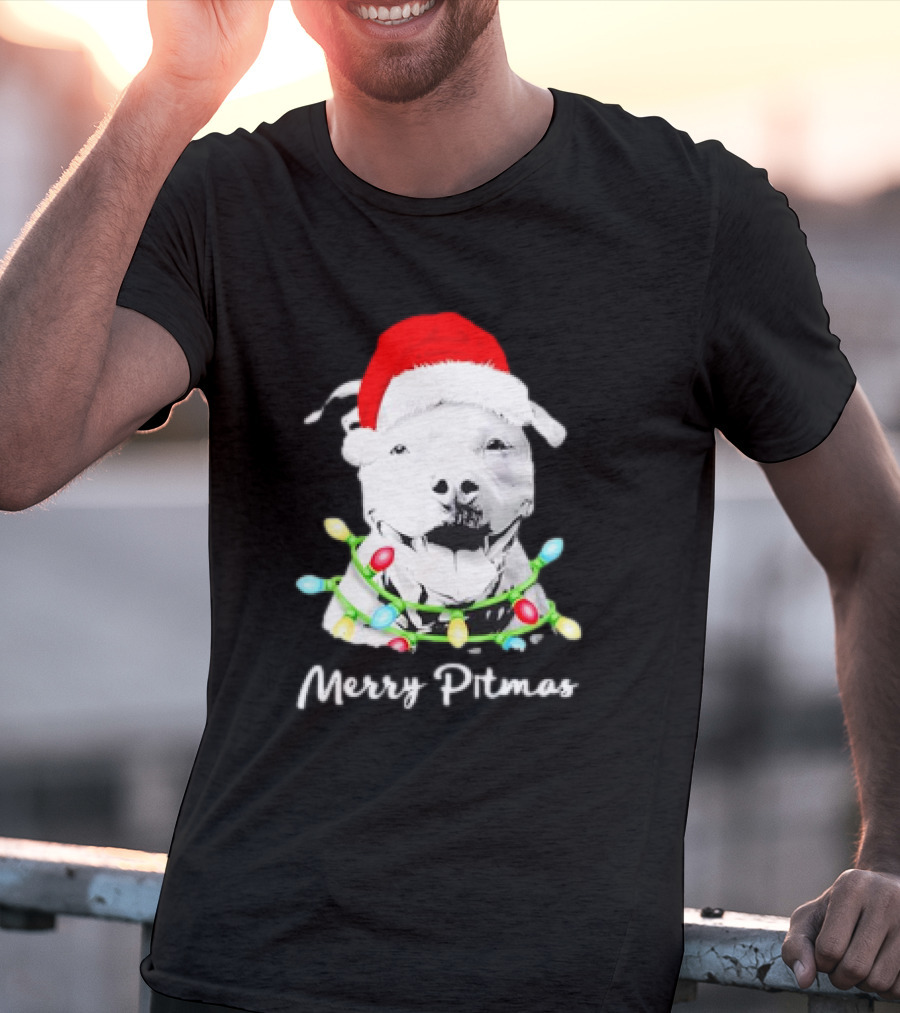 Merry Pitmas Pit Bull Santa With Christmas Tree Lights T-Shirt