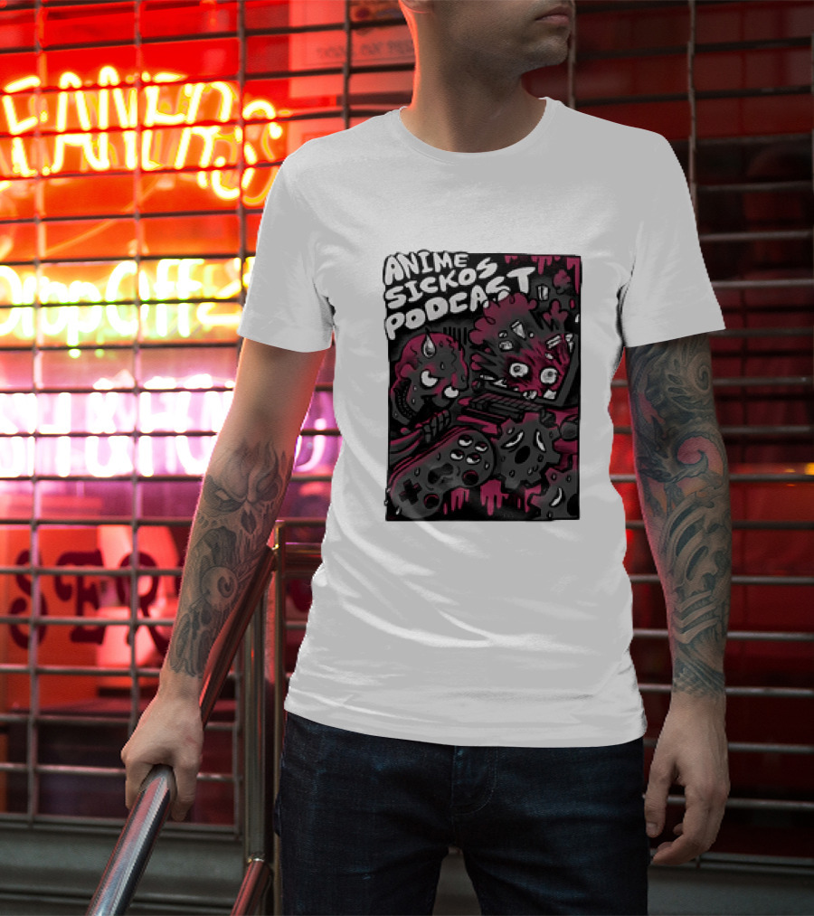 Anime Sickos Podcast Game Controllers Dripping Pink And Black Monster Faces T-Shirt