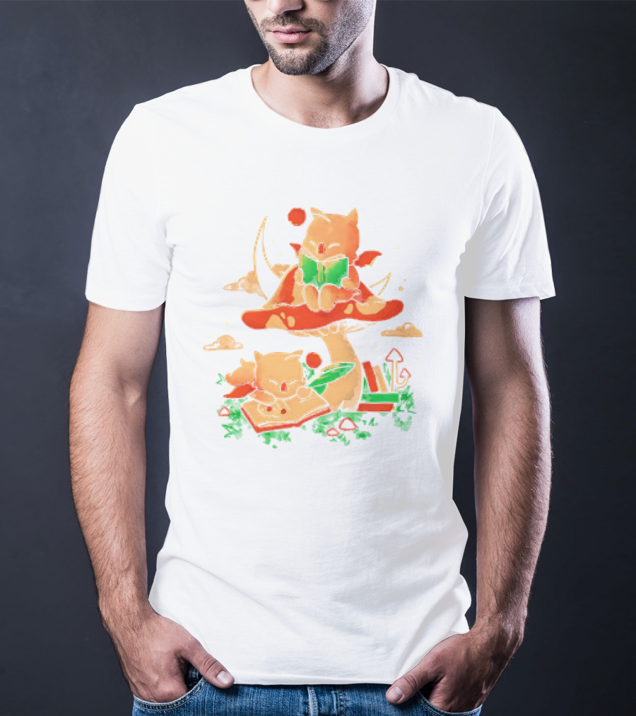 Cat Kupo Moogles Reading On Mushroom With Books T-Shirt