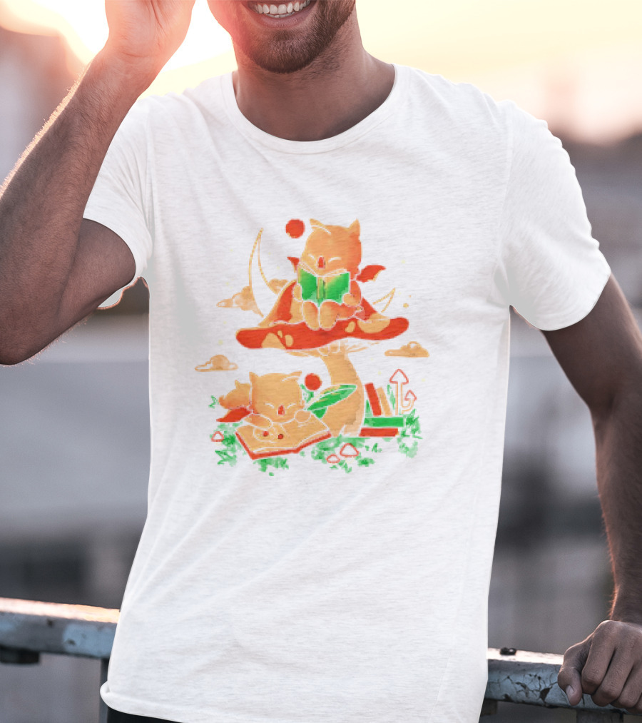 Cat Kupo Moogles Reading On Mushroom With Books T-Shirt