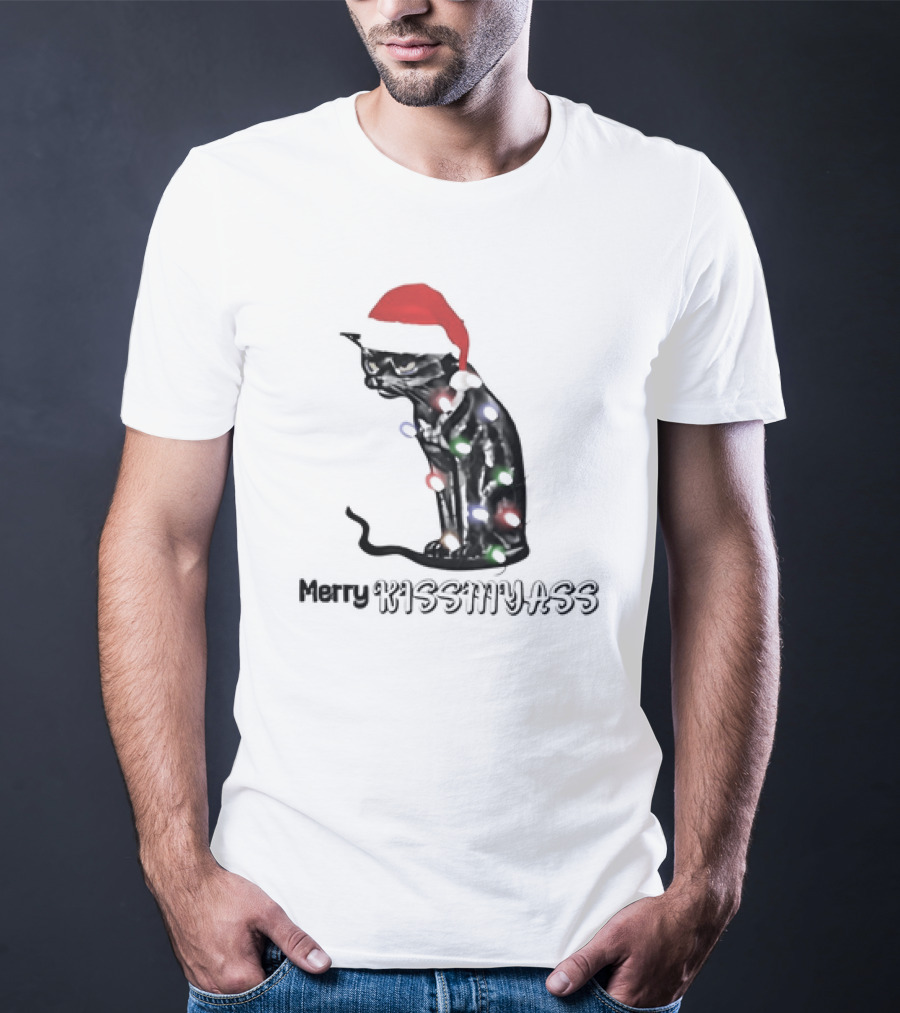 Merry Kiss My Ass Cat Christmas Lights Santa Hat T-Shirt