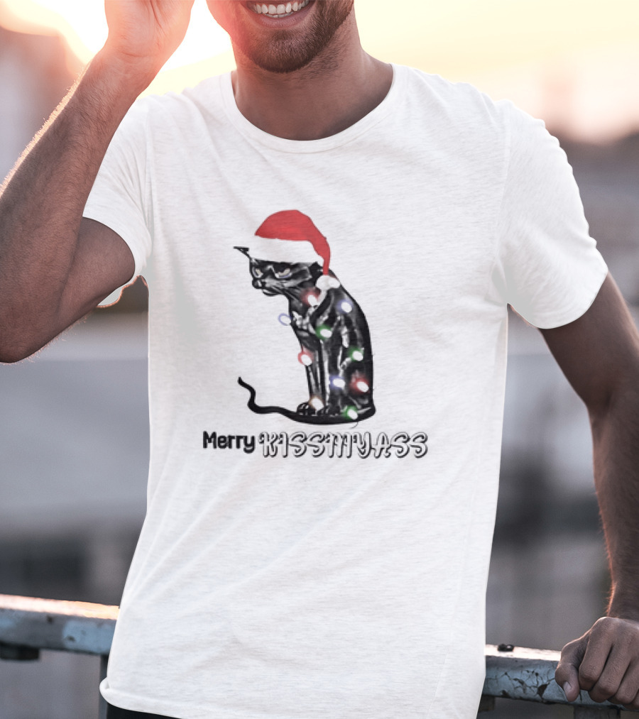 Merry Kiss My Ass Cat Christmas Lights Santa Hat T-Shirt