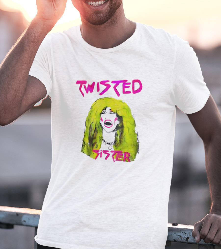 Twisted Sister Cartoon Portrait Neon Hair Rock Face T-Shirt