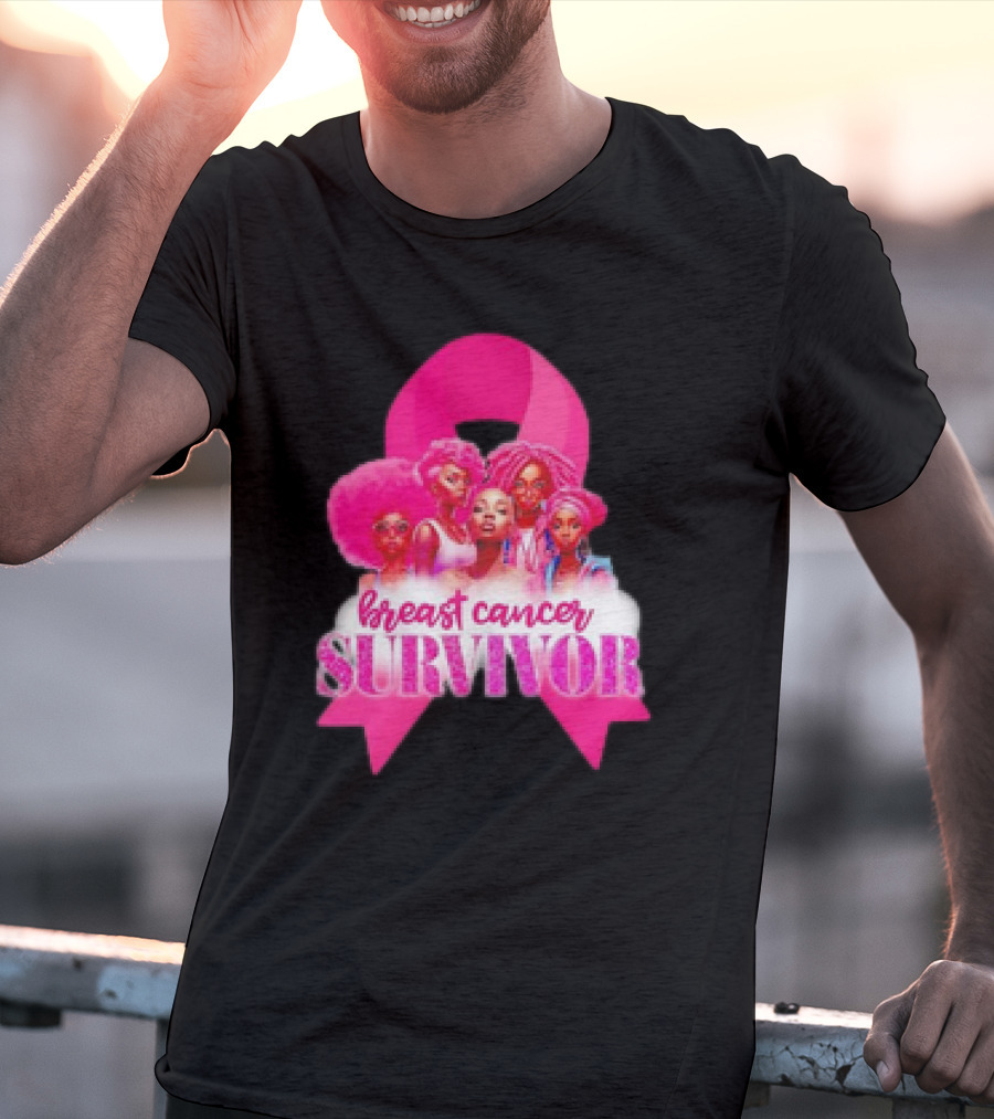 Breast Cancer Survivor Pink Ribbon Black Women Melanin Warrior T-Shirt