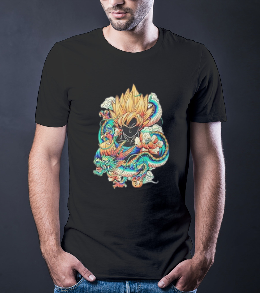 Colorful Dragon Ball Z Super Saiyan Goku With Dragon Serpent And Clouds T-Shirt
