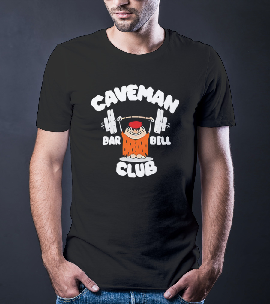 Caveman Club Bar Bell Weightlifting Cartoon T-Shirt