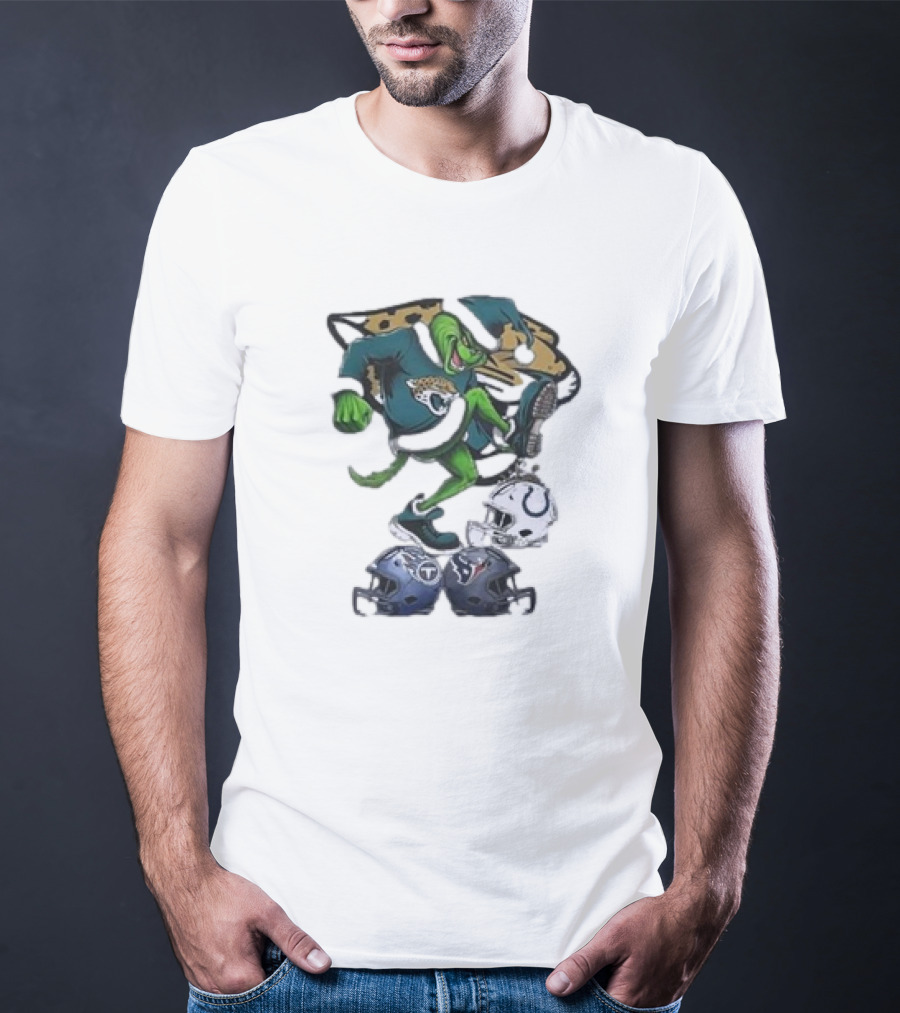 Christmas Grinch Jacksonville Jaguars Stomping NFL Colts Titans Texans Helmets T-Shirt