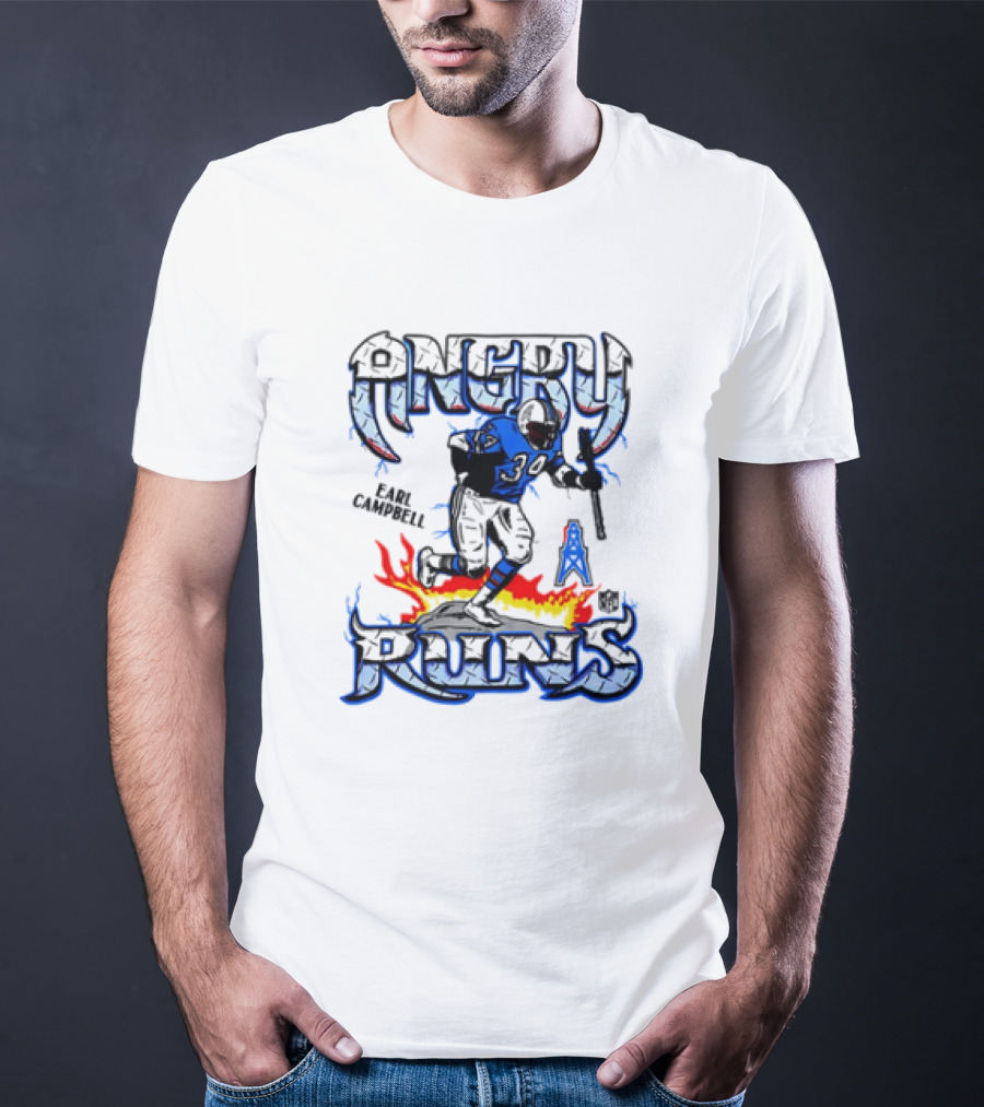 Angry Runs Earl Campbell Oilers NFL Flame Action T-Shirt