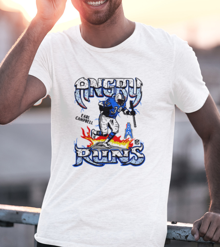Angry Runs Earl Campbell Oilers NFL Flame Action T-Shirt