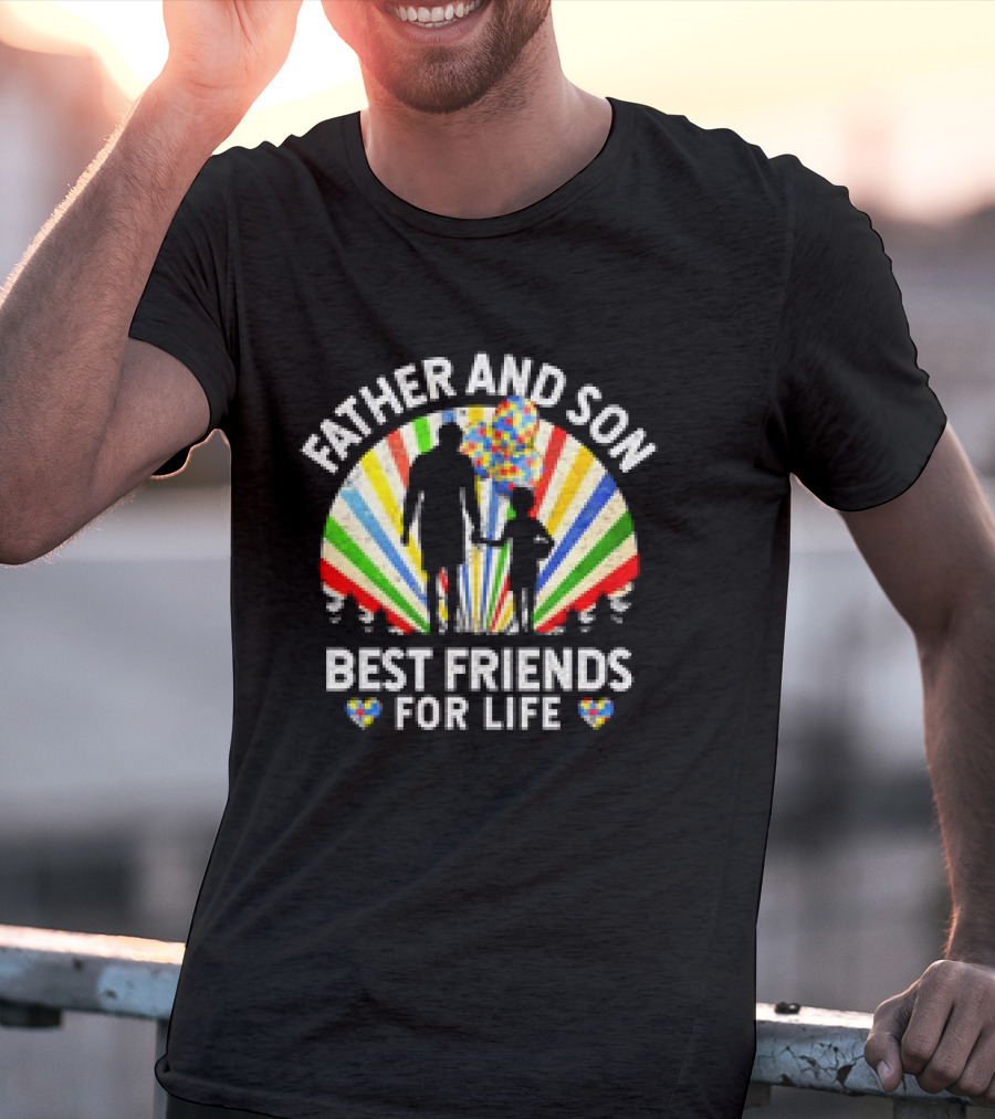 Father And Son Best Friends For Life Colorful Autism Awareness Ribbon Hearts T-Shirt
