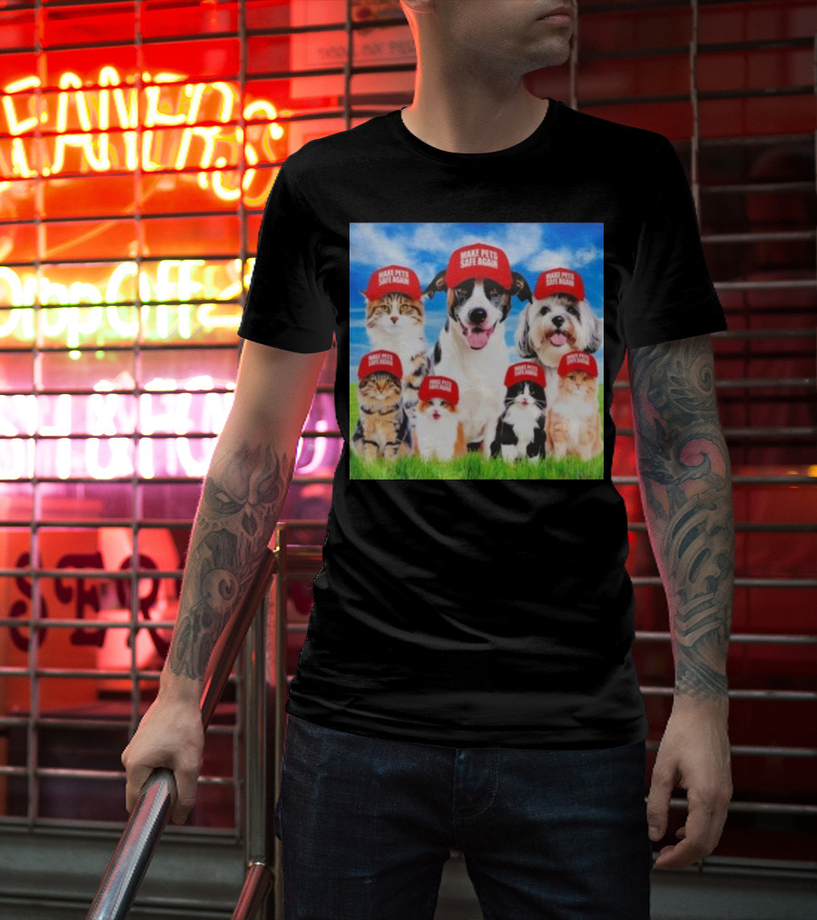 Six Cats And Dogs Wearing Red Make Pets Safe Again Hats On Green Grass T-Shirt