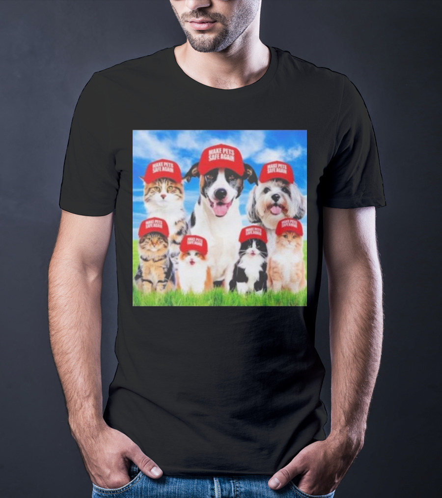 Six Cats And Dogs Wearing Red Make Pets Safe Again Hats On Green Grass T-Shirt