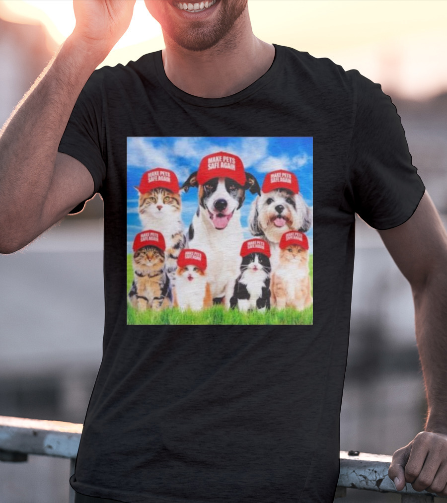 Six Cats And Dogs Wearing Red Make Pets Safe Again Hats On Green Grass T-Shirt