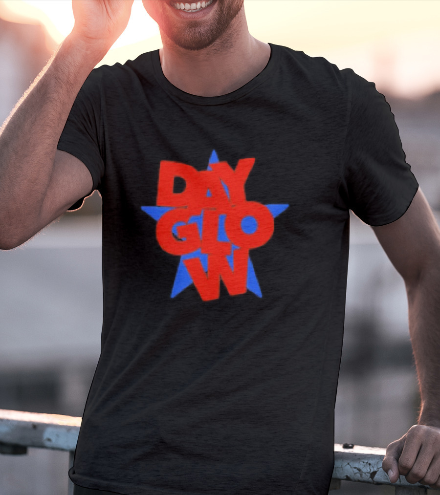 Day Glow Red Blue Star Stacked Black T-Shirt