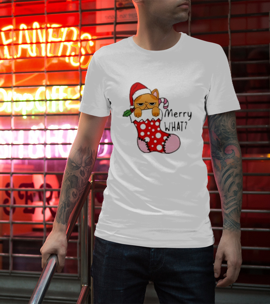 Merry What Cat In Santa Hat Christmas Stocking T-Shirt