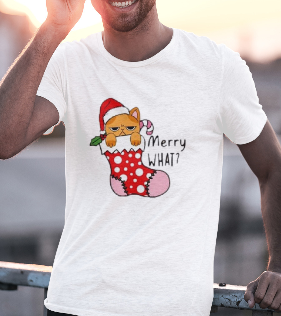 Merry What Cat In Santa Hat Christmas Stocking T-Shirt